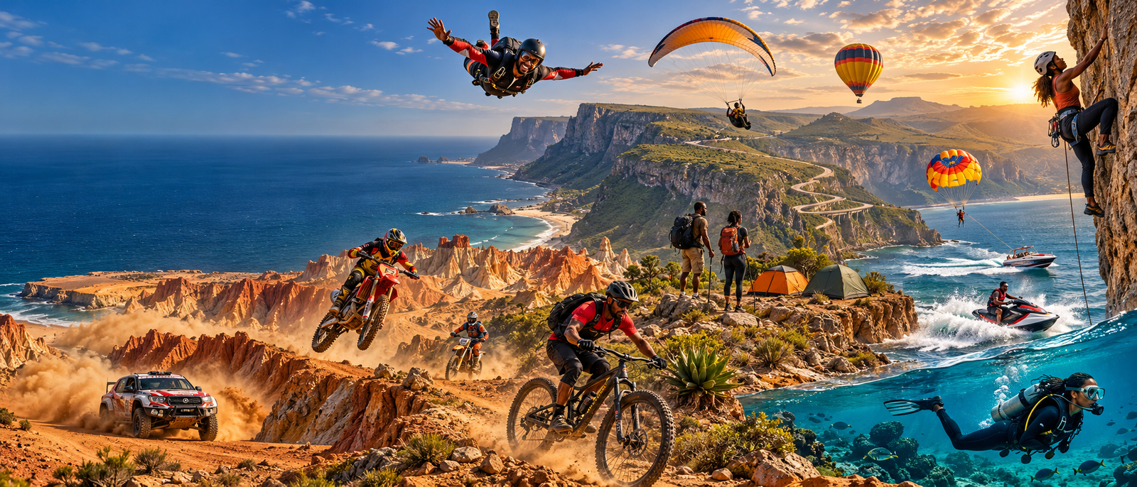 Montagem artística de aventura inspirada em Angola: parapente, paraquedismo, balonismo, parasailing, mergulho, jet ski, BTT, caminhadas, escalada, campismo, motocross, enduro e rally.